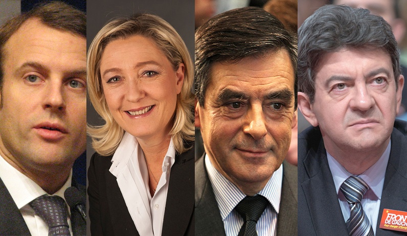 Emmanuel Macron, Marine Le Pen, François Fillon et Jean-Luc Mélenchon : les favoris des sondages pour l'élection présidentielle.