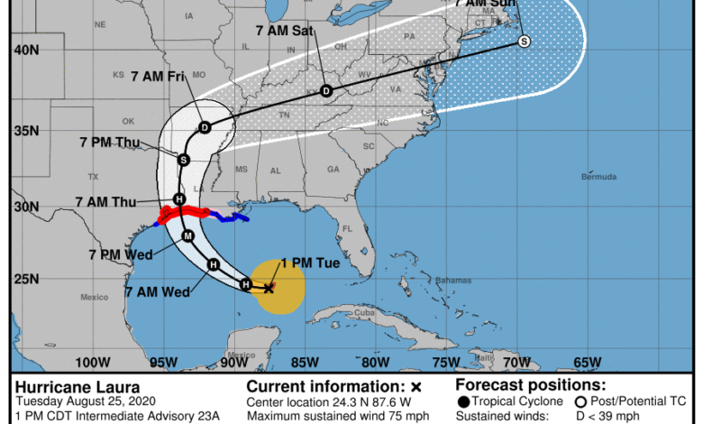 La prévision de l'ouragan Laura mardi à 13h.