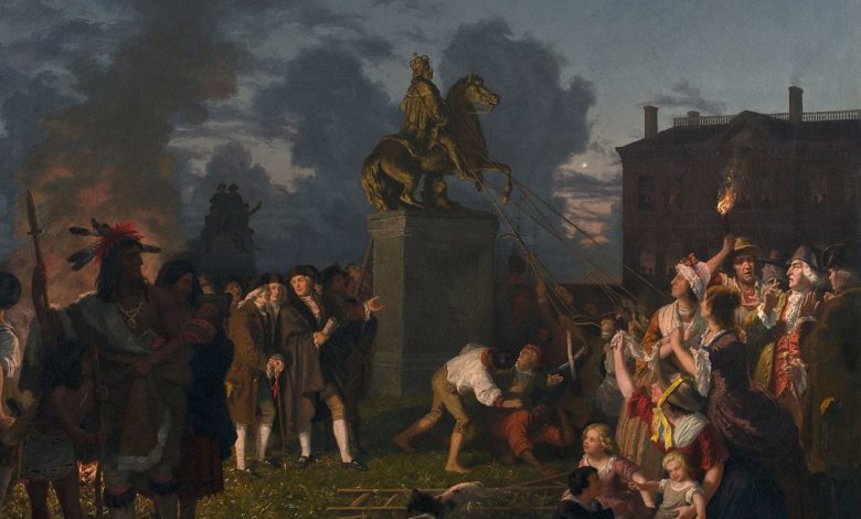Destruction de la statue de Georges III en 1776 après l'arrivée de George Washington à New-York City. En réalité ce furent les esclaves qui la firent tomber sur ordre de leurs maîtres.