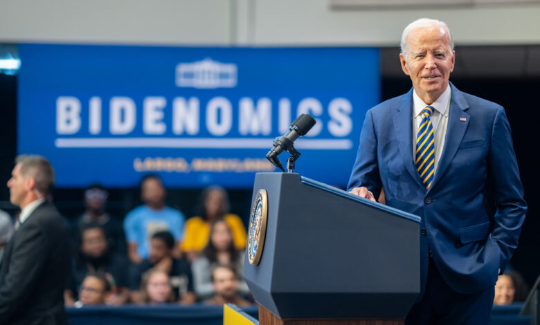 Le président Biden commentant les Bidenomics au Prince George's Community College de Largo, dans le Maryland, le 14 septembre 2023.